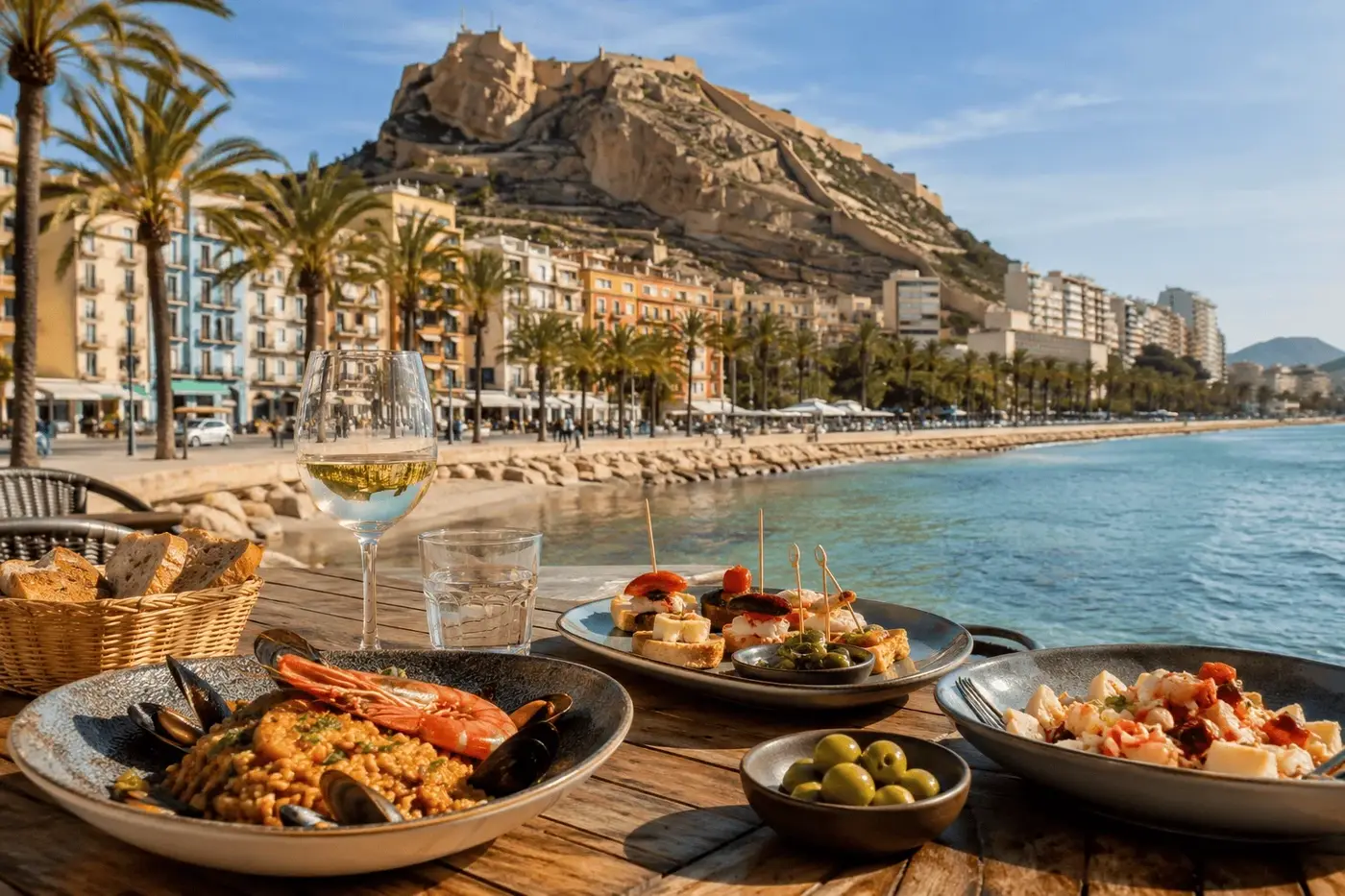 Waterkant van Alicante met palmbomen en Castillo de Santa Bárbara