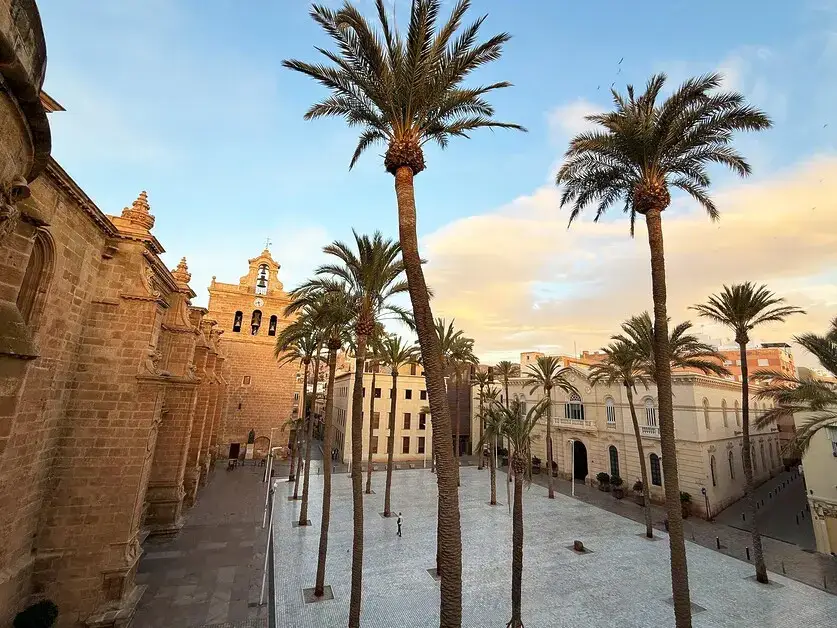 Historisch plein met palmbomen en kathedraalarchitectuur in Almería