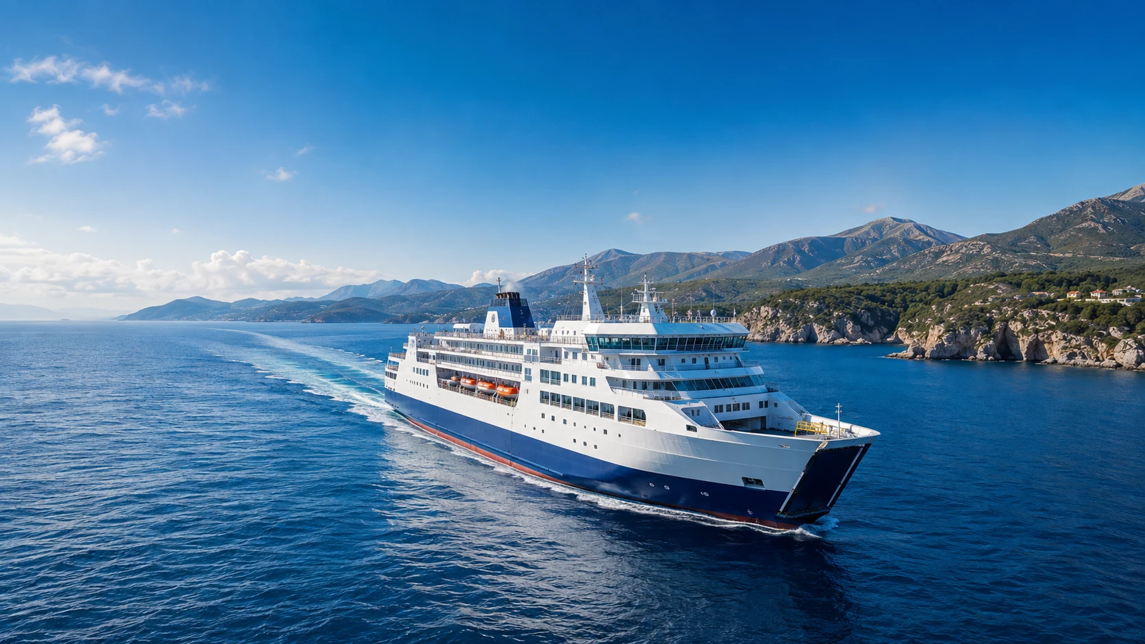 Veerboot in een schilderachtig Europees kustlandschap