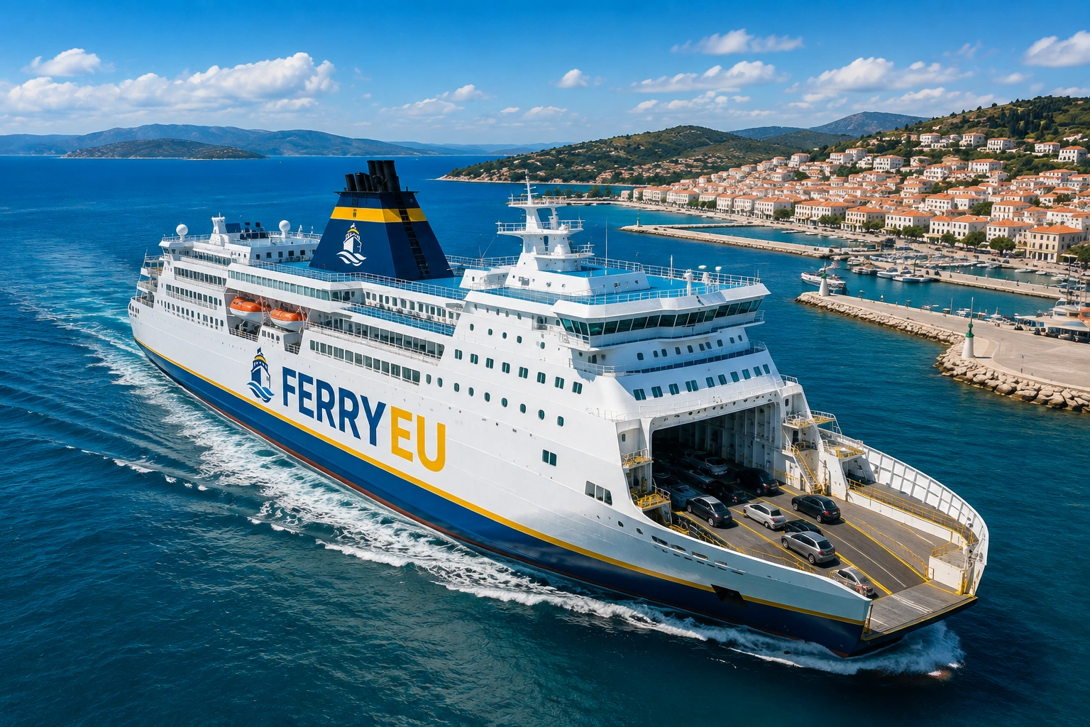 Vertrekkende passagiersveerboot naast een Europese kusthaven