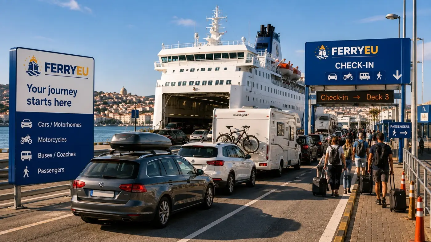 Passagiers en voertuigen die zich voorbereiden om aan boord van een veerboot te gaan