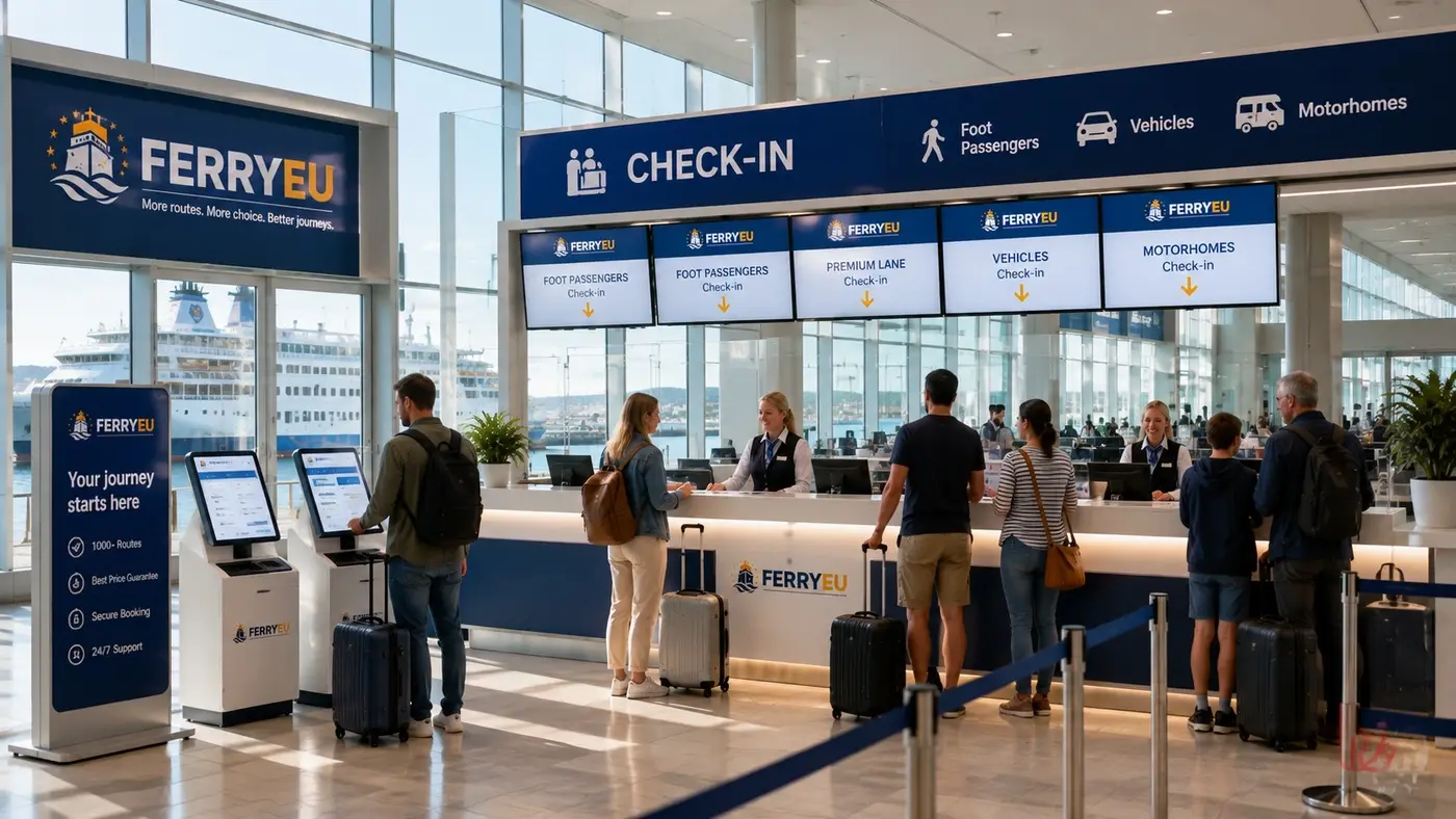 Passagiers bij de veerbootincheckbalies