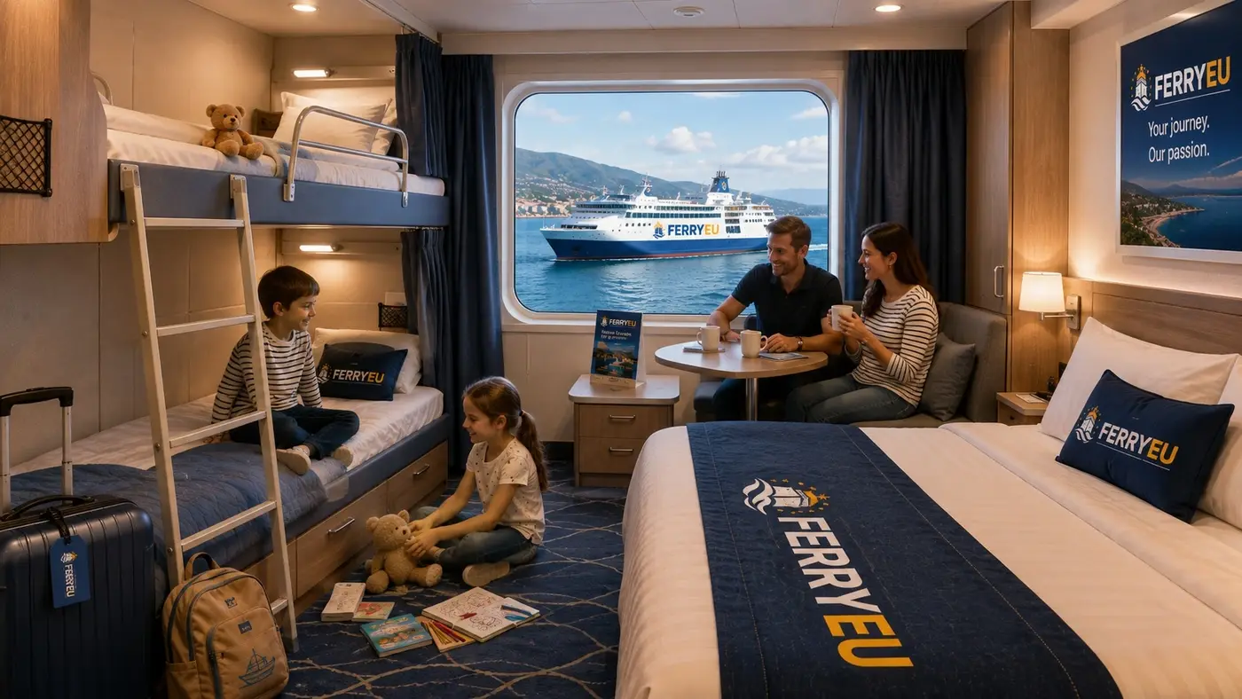 Gezins hut met verschillende ligplaatsen op een veerboot