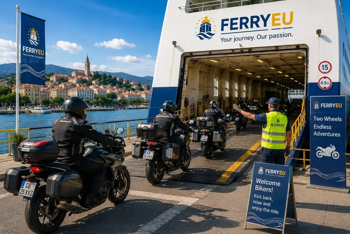 Motorfiets inscheping een passagiersveerboot