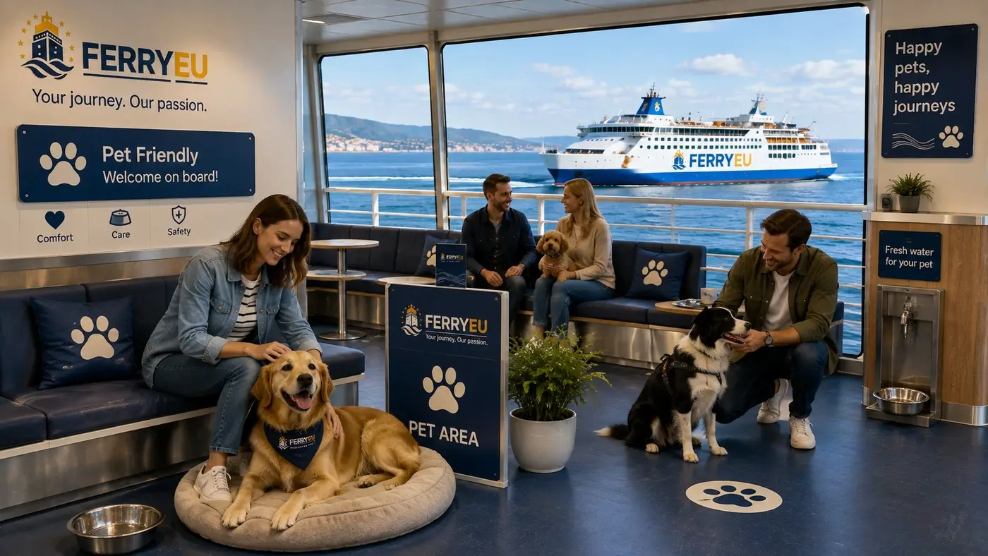 Passagiers met honden in een huisdiervriendelijke veerbootzone