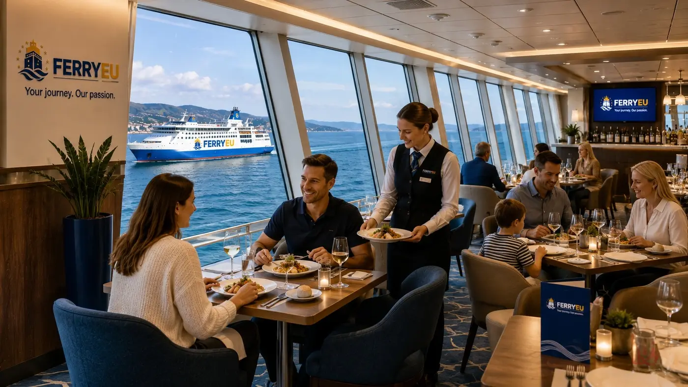 Veerboot restaurant met windows met uitzicht op de zee