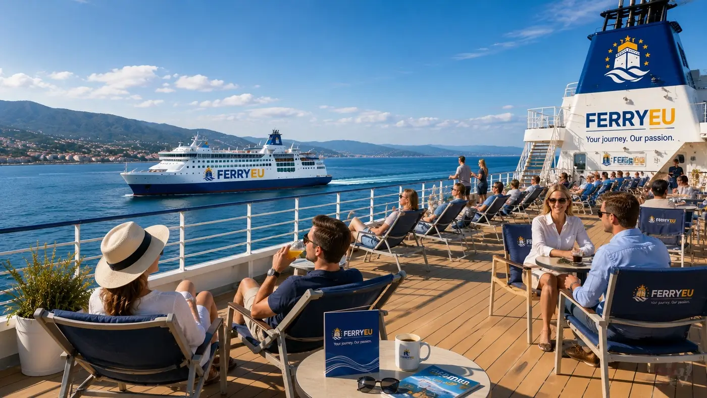 Passagiers ontspannen op de buiten zonnedek van een veerboot