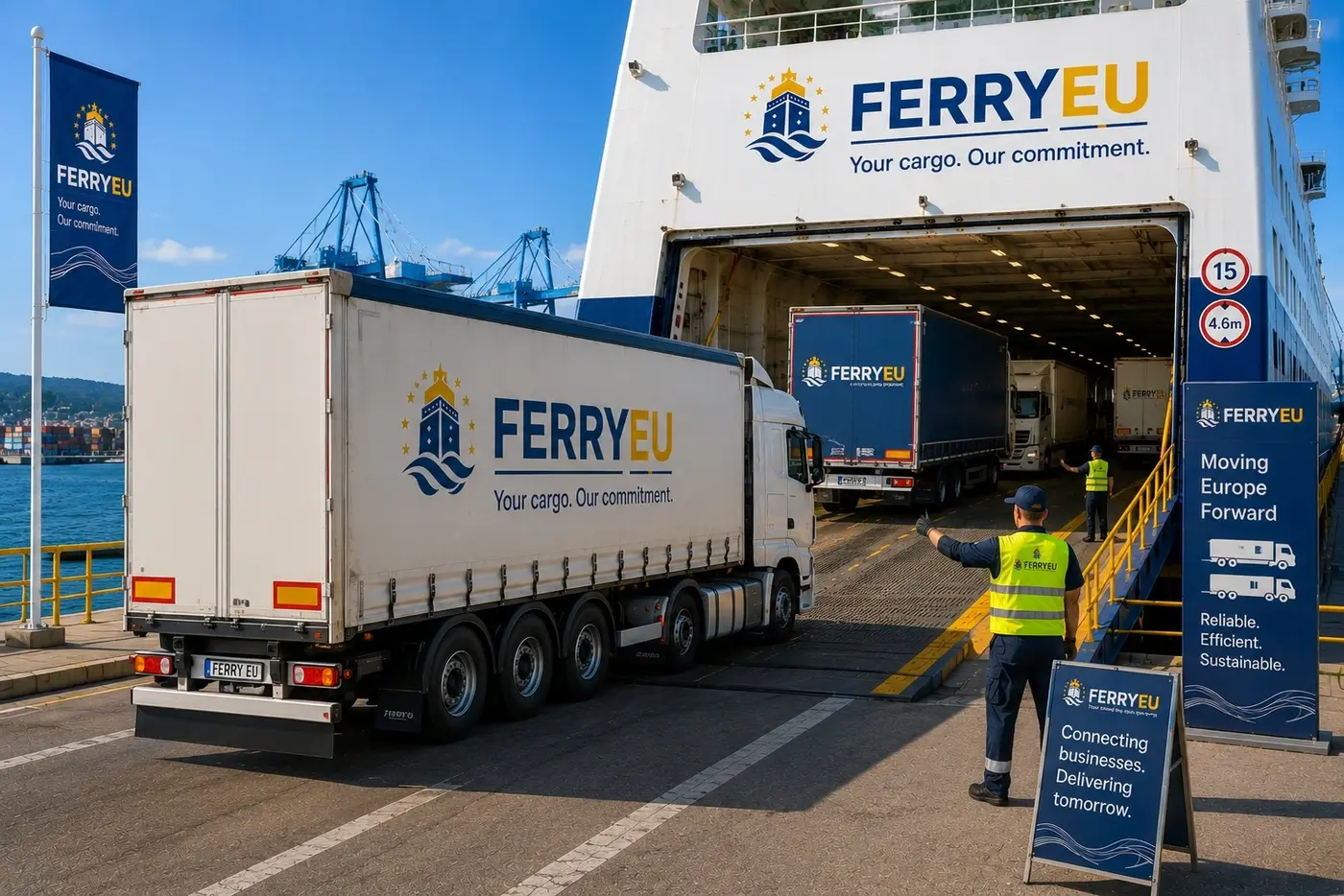 Commerciële voertuigen worden ingescheept op een roroveerboot