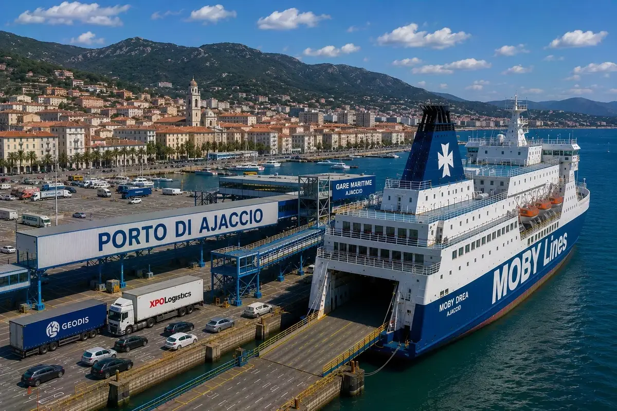 Ajaccio veerboothaven met passagiersveerboot bij de kade en waterkant van de stad achter