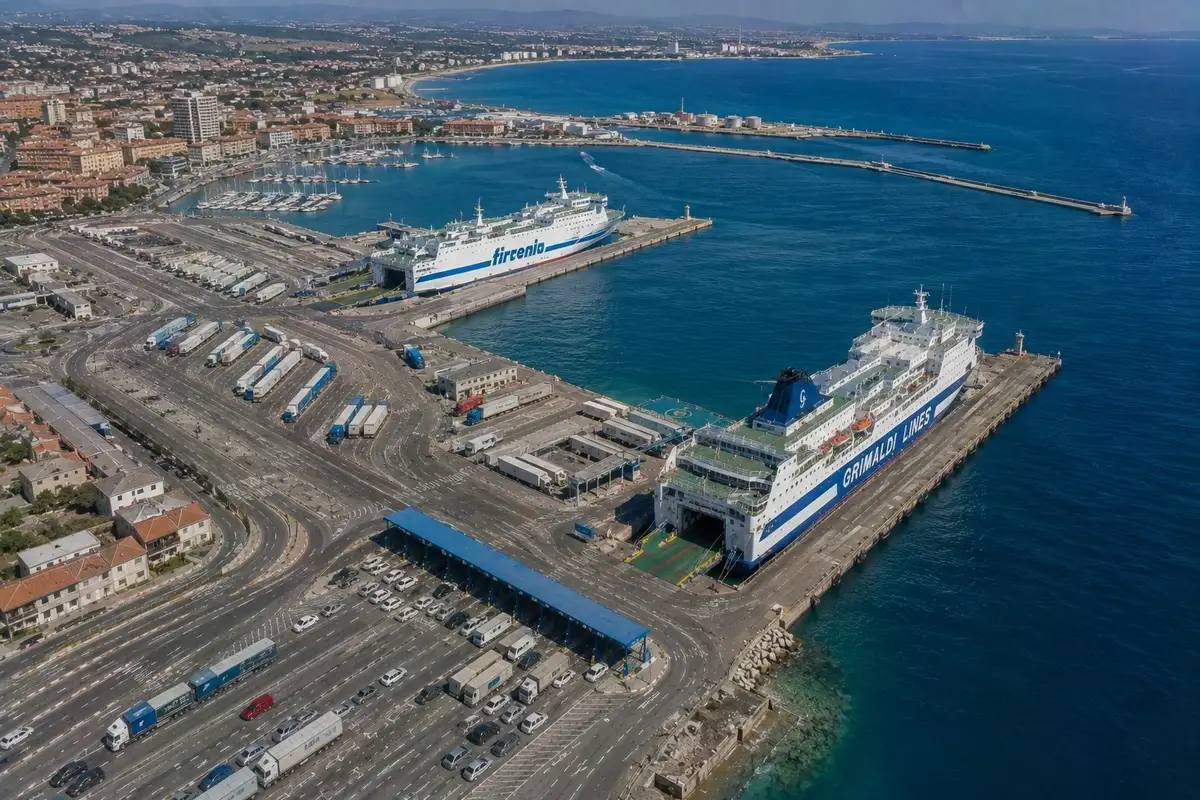 Luchtfoto van Porto Torres veerboothaven en passagiersterminal in noordelijke Sardinië