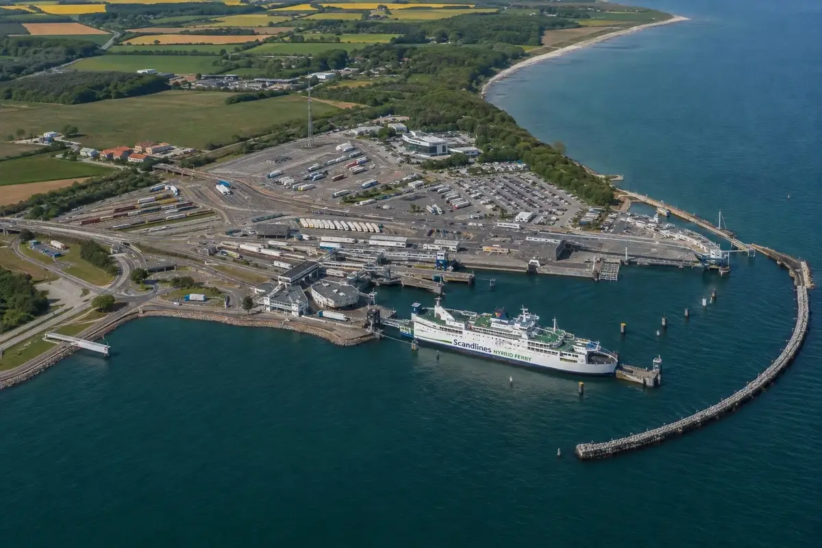 Luchtfoto van Puttgarden veerboothaven met Scandlines hybride veerboot