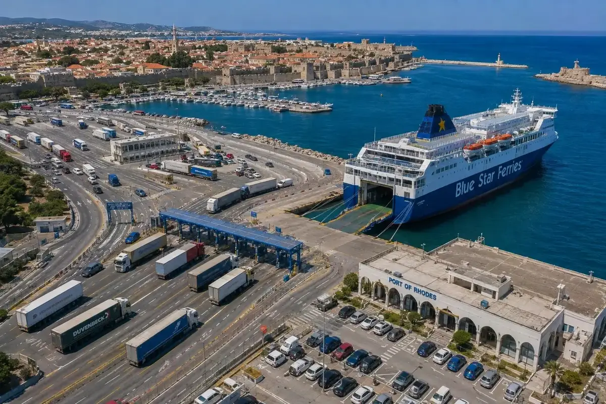 Luchtfoto van Rhodos veerboothaven en historische waterkant
