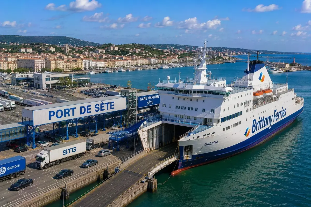 Luchtfoto van de veerboothaven van Sète en de haven aan de Middellandse Zee