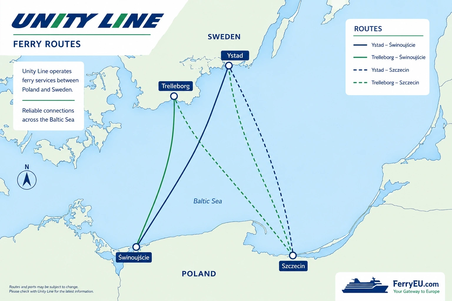 Geïllustreerde routekaart van Unity Line