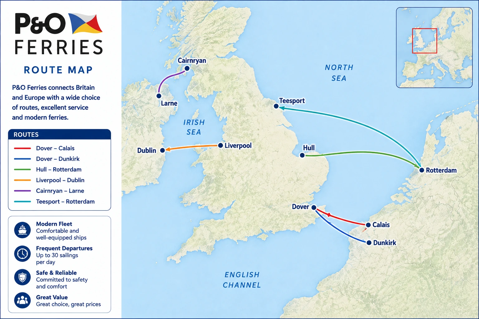 Geïllustreerde routekaart van P&O Ferries