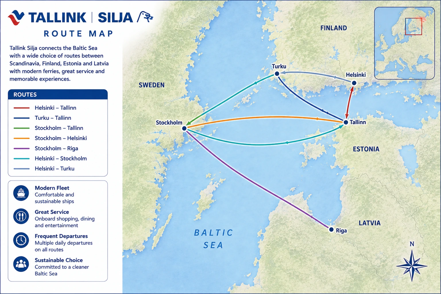 Geïllustreerde routekaart van Tallink Silja Line